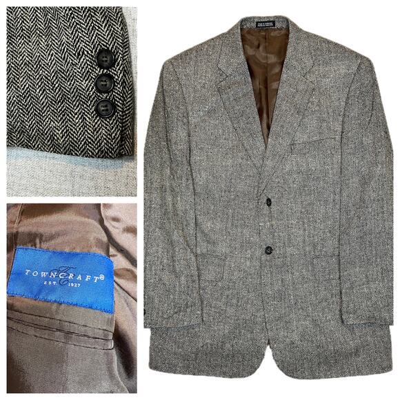 Towncraft Vintage Tweed Blazer Men's 40R 100% Silk Black White Herringbone - Picture 1 of 9